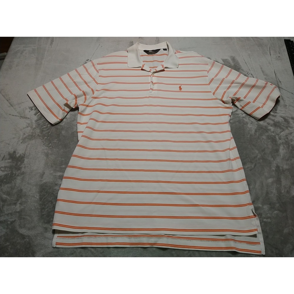 Polo Golf Ralph Lauren Polo Shirt Men L White/Coral Stripe Prima Cotton Pony
